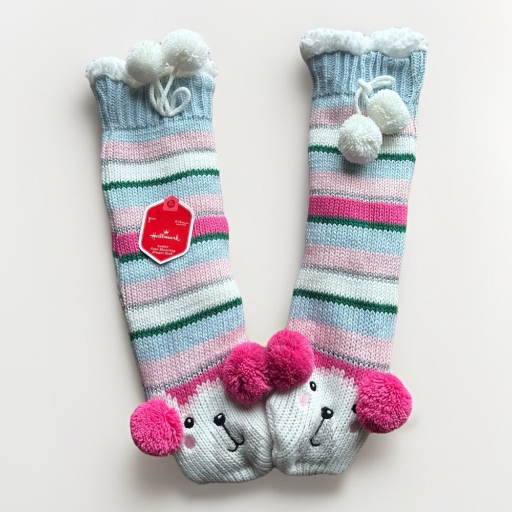 Hallmark Cozy Thick Socks Bear Pom Pom Stripes Women’s 4-6 Faux Shearling NWT
